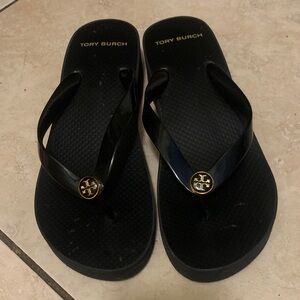 Tory Burch Black Sandals with Gold Emblem